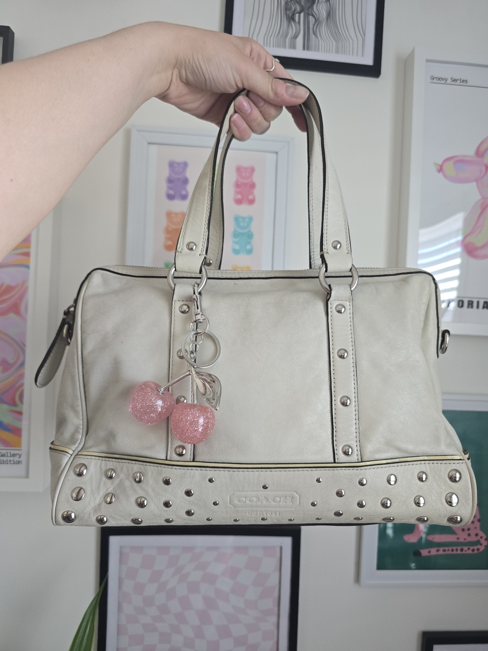 Authentic Coach Nancy Studded Satchel with Pink Cherry Charm Y2K